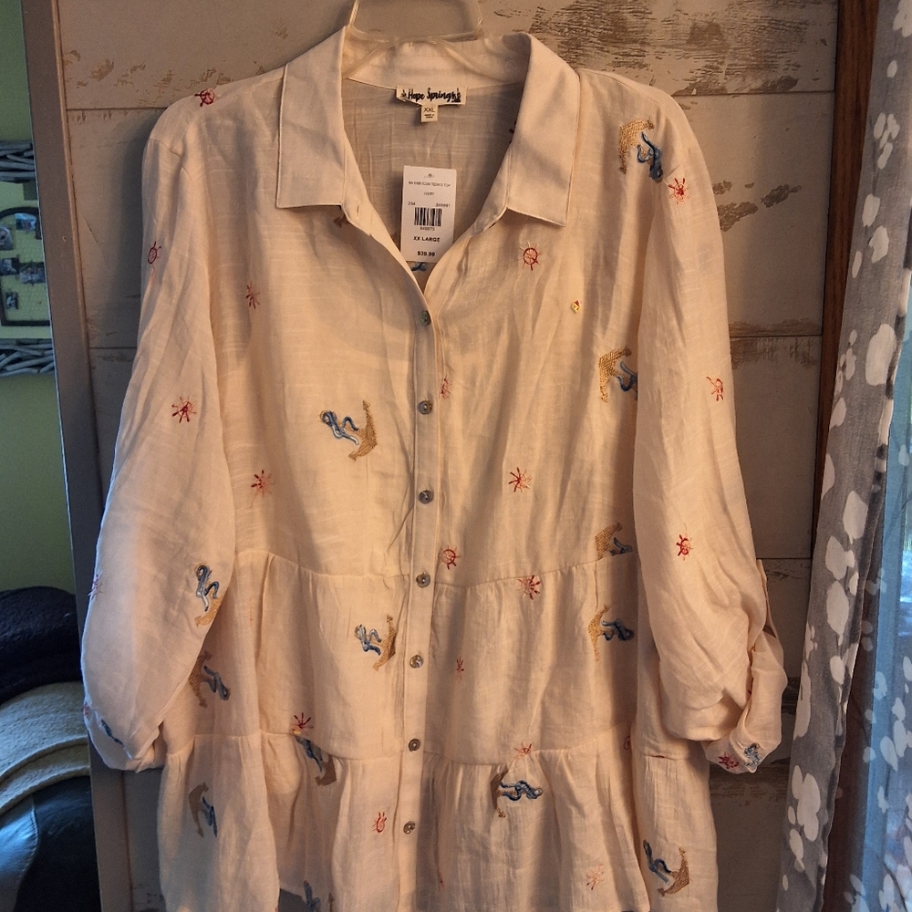 Free People Cream Embroidered Blouse